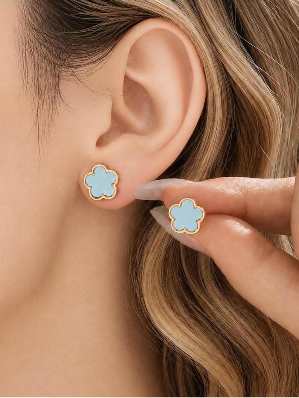 🆕Gold-Trim Blue Floral Stud Earrings - Women Jewelry